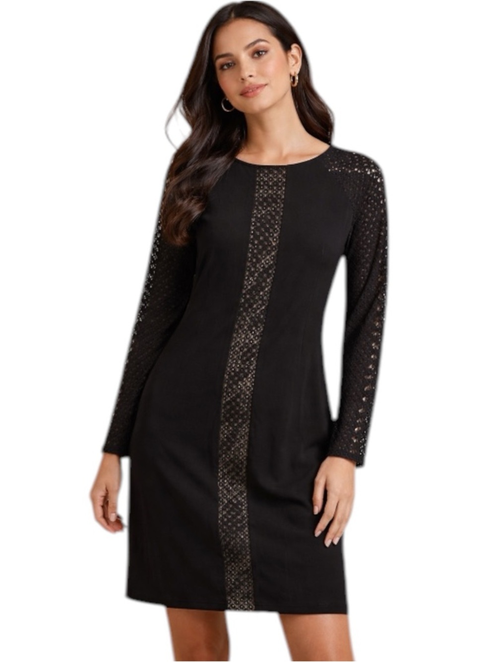 Nine West Black Lace Panel Dress Size 8 Long Sleeve Elegant Sheath